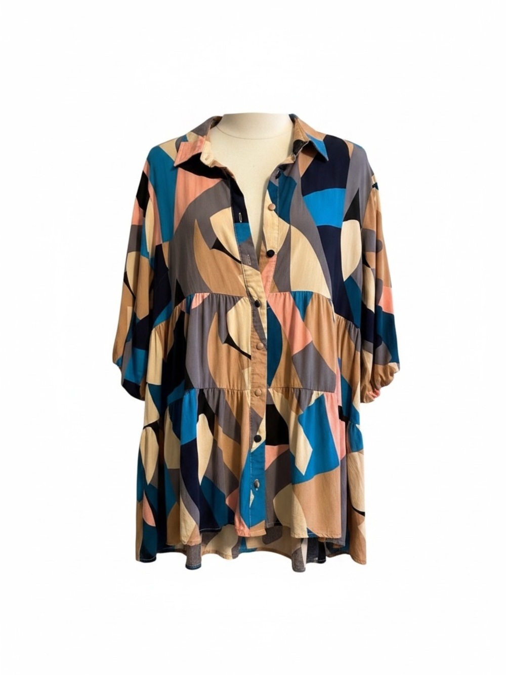 Umgee Medium Abstract Geometric Tiered Babydoll Tunic Top Boho Balloon Sleeve